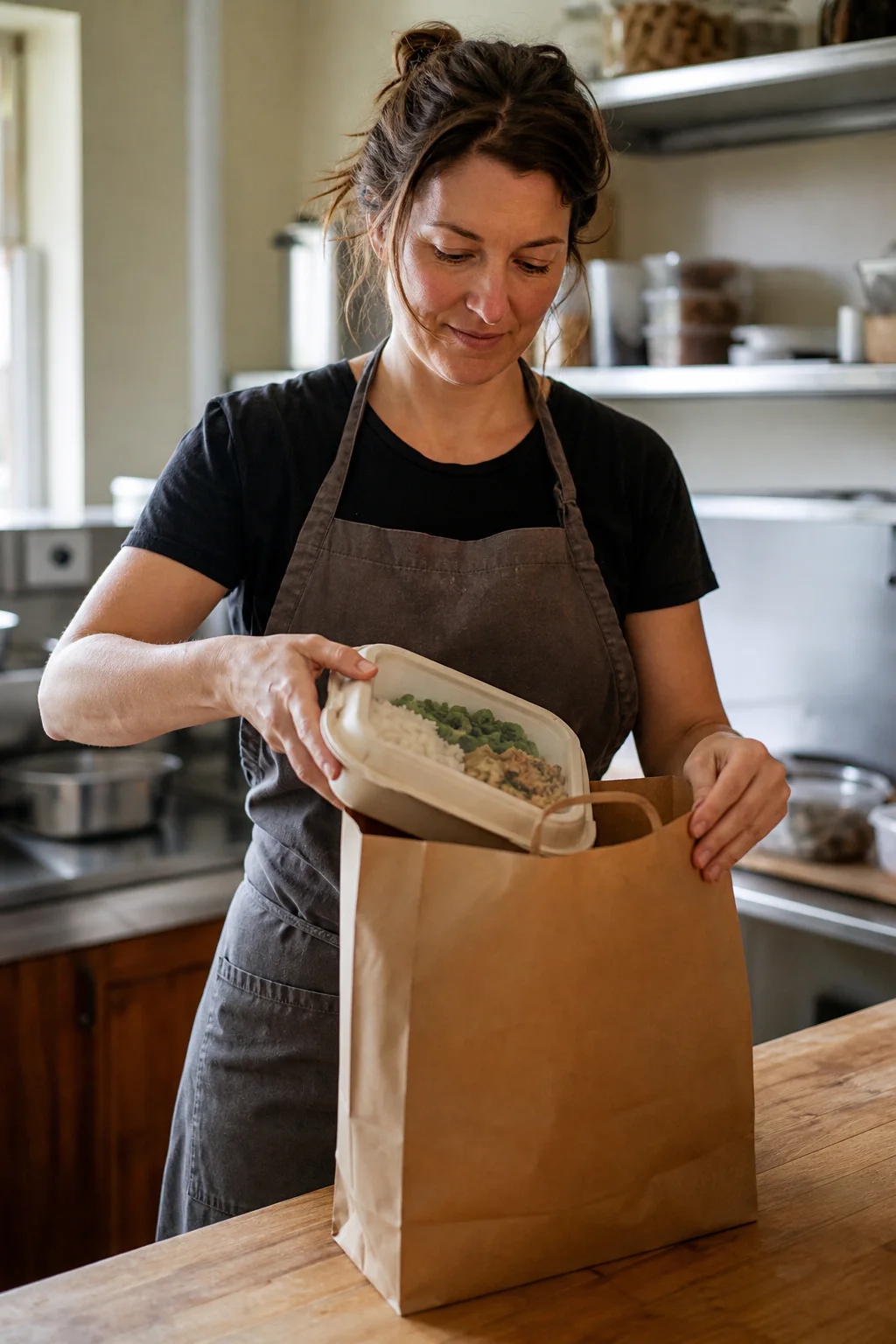 A Canadian food seller packs a prepared meal into a paper pickup bag